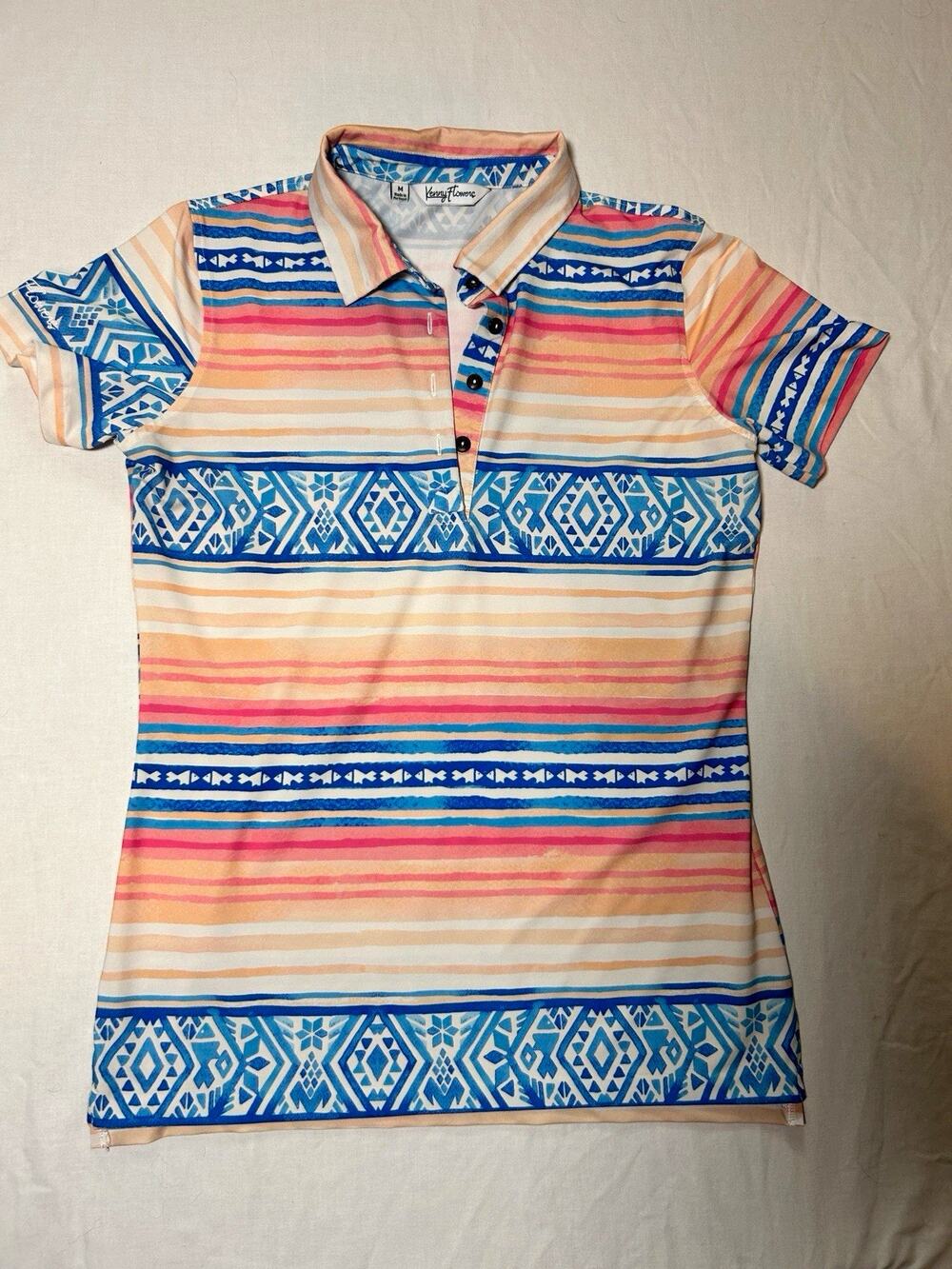 Kenny Flowers Women’s Blue/Pink Striped Collared Button Polo Shirt Size M